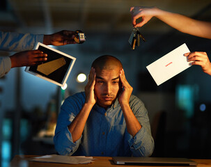 Frustrated businessman, stress and night with debt in financial crisis, bill or expenses at office....
