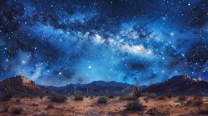 Obraz premium Amazing view of the night sky full of stars in the middle of the desert with mountains in the distance.