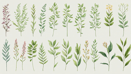 collection of soft watercolor twigs isolated on a transparent background, generative ai