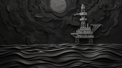 Papercut art of an oil drilling rig at sea, with dark paper waves and a rig crafted from layers of gray paper.