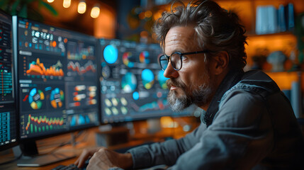 Obraz premium A focused male analyst works intently on multiple data screens, showcasing the intensity and concentration required for data analysis and technology-driven insights