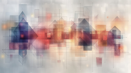 an abstract watercolor background, cool and warm hues, with distinct layers of red, blue, and transparent squares and rectangles that blend into each other