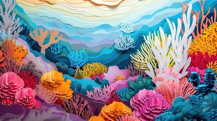 Papercut art of coral reefs, with vibrant colored paper turning white to depict coral bleaching due to global warming.