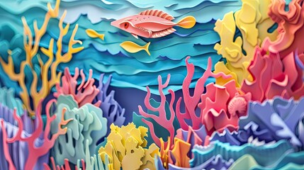 Papercut art of coral reefs, with vibrant colored paper turning white to depict coral bleaching due to global warming.