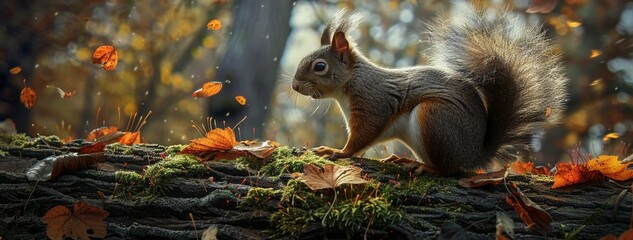 A squirrel on a mossy log, surrounded by autumn leaves, capturing the essence of fall with vibrant, natural details in a forest setting.