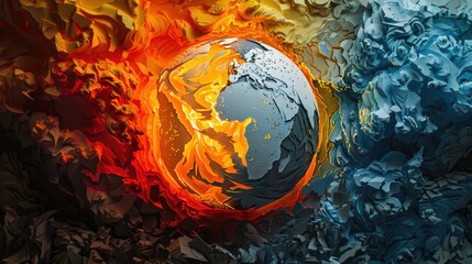 Papercut art showing a globe with half covered in smoke and flames and half in vibrant life, symbolizing the choice humanity faces