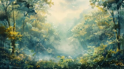 Obraz premium A beautiful, concept art painting of a lush, green forest with a path leading into the distance