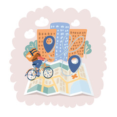 Cartoon vector illustration of Fast delivery man riding bycicle. Customers ordering on mobile application,The motorcyclist goes according to the GPS