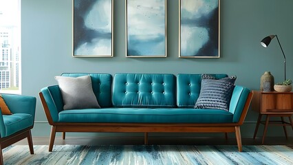 Stylish Midcentury Living Room with Elegant Sofa, Framed Art, and Accessories. Concept Interior Design, Midcentury Style, Elegant Sofa, Framed Art, Home Accessories