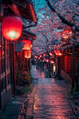 Japanese street with cherry blossoms and red lanterns evening soft lighting
