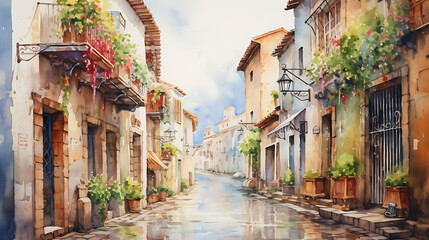 Fototapeta na wymiar Paint a watercolor background capturing the historical ambiance of an old European city alleyway in the rain