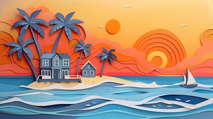 Obraz premium Papercut artwork showing a beachfront property gradually being swallowed by rising sea levels, with a sunset background.