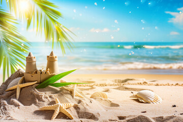 Holiday theme: sandcastle on sandy beach, copy space