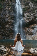 Woman meditating in front of a waterfall embodying peace and tranquility. Wide shot