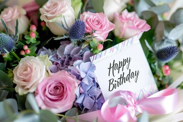 bouquet of flowers with pink and white roses, blue thistles, purple hydrangeas, and greenery, with a pink ribbon wrapped around the base and a blank card in that says "Happy Birthday" Generative AI