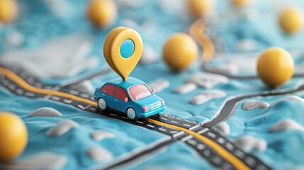 Travel concept illustration with a car on a city map, pin markers indicating destinations and routes, symbolizing GPS navigation, urban transportation, and vacation planning in a smartphone app