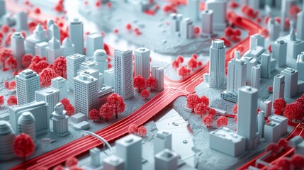 A cityscape with red and white buildings and a red line on the road. The city is depicted in a 3D model, giving it a futuristic and modern feel