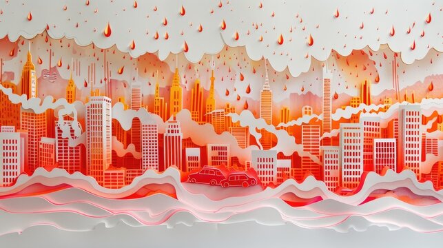 Papercut depiction of a cityscape with buildings and cars, overlaid with rising red mercury to represent heat waves.