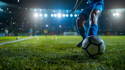 professional soccer player kick ball at stadium closeup shot, football match and championship, leg in sport shoe close-up