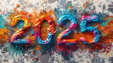 The image is a colorful and abstract representation of the number twenty-five. The vibrant colors and splatters of paint give the impression of a dynamic and energetic scene
