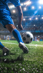 professional soccer player kick ball at stadium closeup shot, football match and championship, leg in sport shoe close-up