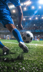 Fototapeta premium professional soccer player kick ball at stadium closeup shot, football match and championship, leg in sport shoe close-up