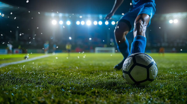 professional soccer player kick ball at stadium closeup shot, football match and championship, leg in sport shoe close-up