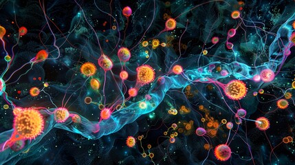 A vivid digital illustration depicts a neural network with colorful synaptic connections and neurons, highlighting the complexity and beauty of the human brain.