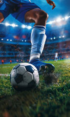 Fototapeta premium professional soccer player kick ball at stadium closeup shot, football match and championship, leg in sport shoe close-up