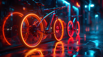 A stylish bicycle with neon-lit wheels, parked on a wet street in a futuristic urban setting at night, reflecting vibrant red and blue lights