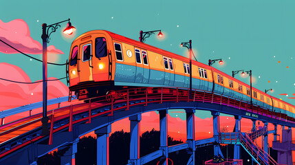 A vibrant illustration of a train traveling on elevated tracks during sunset, surrounded by glowing street lights and colorful sky in a whimsical urban setting