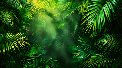A lush green forest with palm trees and leaves