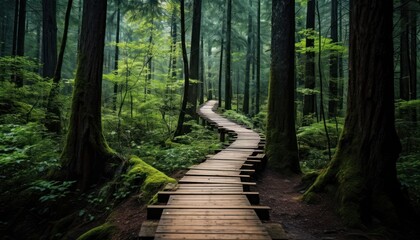 Obraz premium A wooden path winding through a thick forest landscape