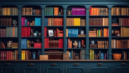 A wooden bookshelf brimming with an array of colorful books arranged neatly