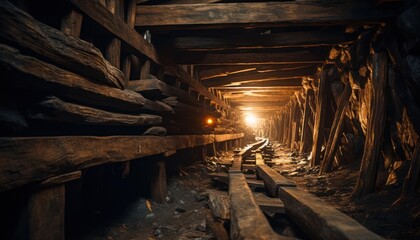 Wooden beams support a mining tunnel leading towards a bright light at the end