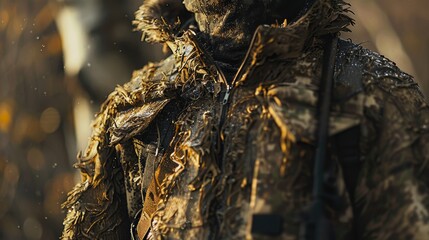 The photo shows a man wearing a ghillie suit, which is a type of camouflage clothing designed to make the wearer blend in with their surroundings