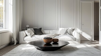 Fototapeta premium modern interior decor, modern minimalist interior design with a white sofa, geometric black coffee table, and natural light in the living room