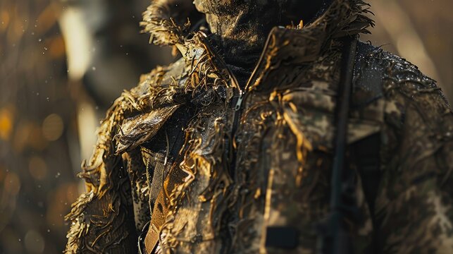 The photo shows a man wearing a ghillie suit, which is a type of camouflage clothing designed to make the wearer blend in with their surroundings