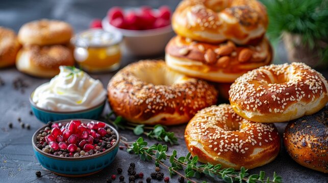 bagel bar, homemade bagels paired with a variety of cream cheese flavors, perfect for a flavorful breakfast or snack