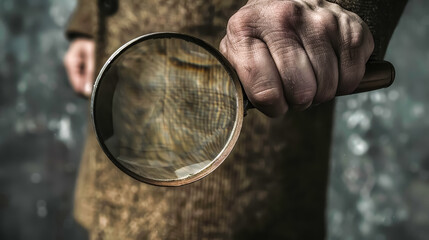 Close-up of a rationalist thinkers hand holding a magnifying glass, symbolizing the search for truth and logic