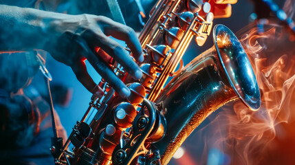 Close-up of a saxophone being played by a mysterious figure
