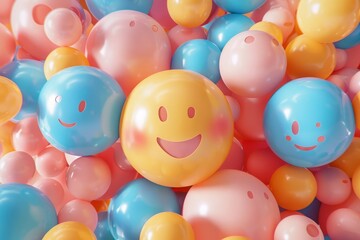 Obraz premium A bunch of colorful 3D rendered smiley face balloons with different pastel colors and glossy texture.