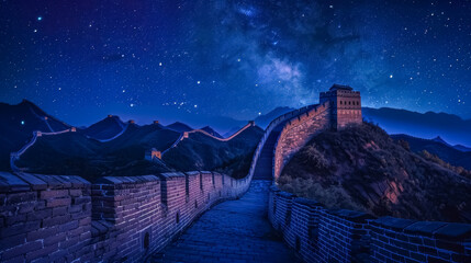 Close-up of the Great Wall of China at night, under a star sky