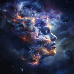 Realistic style image of an infinite, eternal cosmic mind in which universes are created from thought and all things are expressed through us as belief