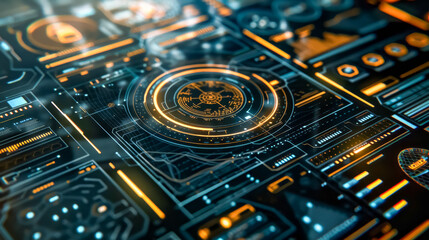 Close-up view of a futuristic UX/UI interface incorporating elements of Julius Caesars reign