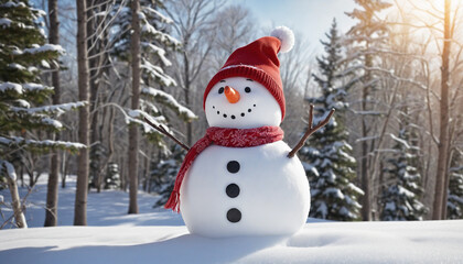 Fototapeta premium A Festive Snowman with a Red Hat and Scarf in a Winter Wonderland