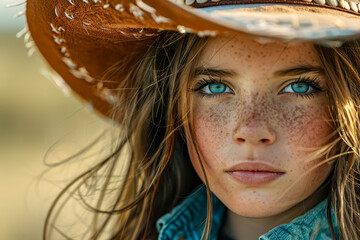 Cowgirl in a close-up portrait, conveying strength and independence in her gaze and posture