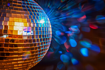 Disco A glittering close-up of a mirror ball, catching the light and casting a dazzling array of reflections around the room