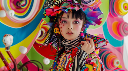 Decora kei A detailed look at a colorful and eccentric outfit, featuring playful accessories and layered patterns