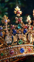 Detailed view of a queens ornate crown with sparkling gemstones